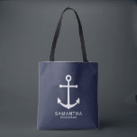 Nautical Navy Blue Anchor Personalized Bridesmaid Tote Bag<br><div class="desc">Modern Minimalist Nautical Navy Blue Anchor Personalized Bridesmaid Tote Bag
featuring white anchor and personalized bridesmaid's name with title in white modern sans serif font style on navy blue background.

Also perfect for maid of honour,  flower girl,  mother of the bride and more.</div>