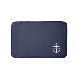 Nautical Navy Blue Anchor Personalized Family Name Bath Mat