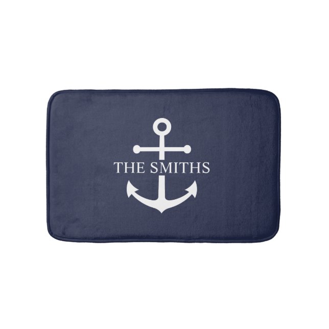 Nautical Navy Blue Anchor Personalized Family Name Bath Mat (Front)