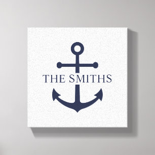 Nautical Navy Blue Anchor Personalized Family Name Canvas Print