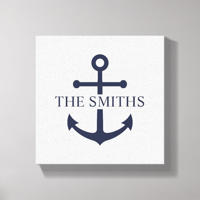 Nautical Navy Blue Anchor Personalized Family Name Canvas Print (Front)