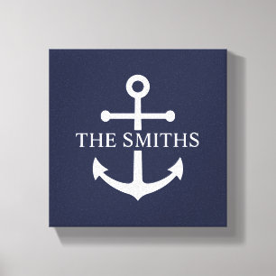 Nautical Navy Blue Anchor Personalized Family Name Canvas Print