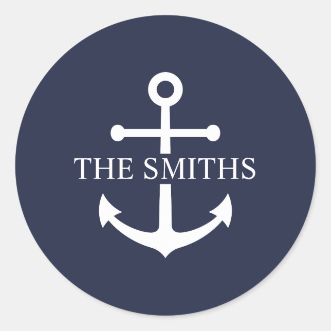 Nautical Navy Blue Anchor Personalized Family Name Classic Round Sticker (Front)