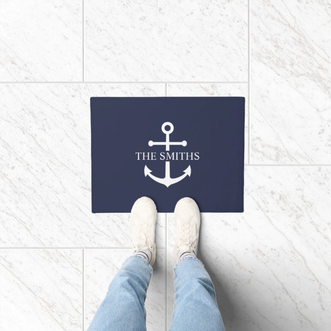 Nautical Navy Blue Anchor Personalized Family Name Doormat (Indoor)