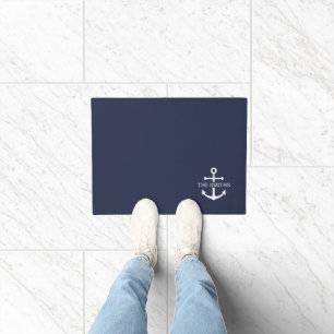 Nautical Navy Blue Anchor Personalized Family Name Doormat