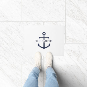 Nautical Navy Blue Anchor Personalized Family Name Doormat