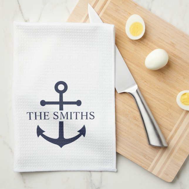 Nautical Navy Blue Anchor Personalized Family Name Kitchen Towel (Quarter Fold)