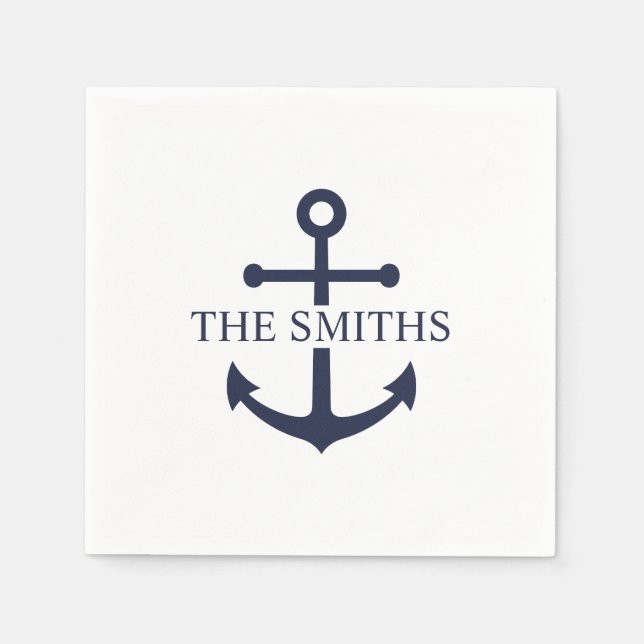 Nautical Navy Blue Anchor Personalized Family Name Napkin (Front)