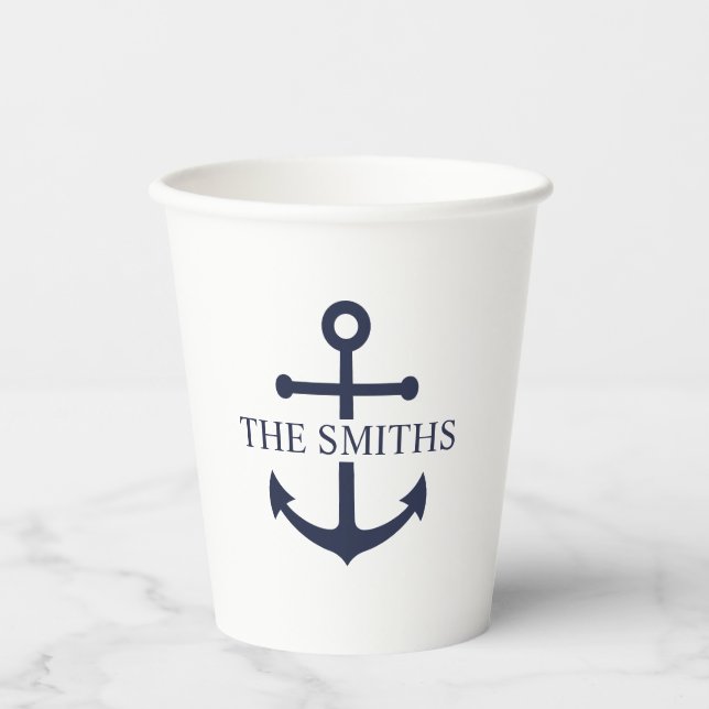 Nautical Navy Blue Anchor Personalized Family Name Paper Cups (Front)
