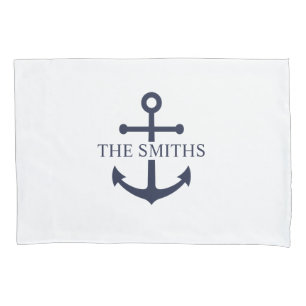 Nautical Navy Blue Anchor Personalized Family Name Pillowcase