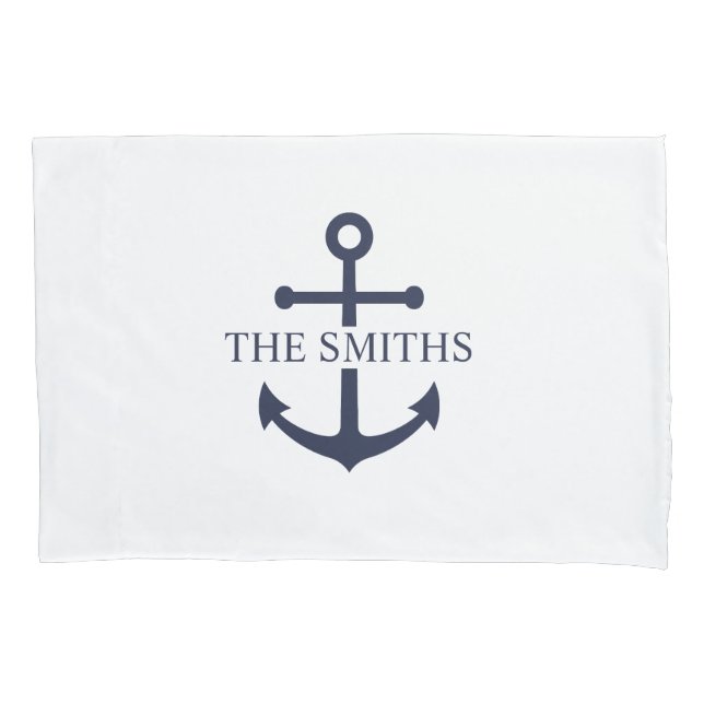 Nautical Navy Blue Anchor Personalized Family Name Pillowcase (Front)
