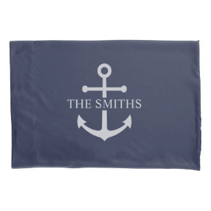 Nautical Navy Blue Anchor Personalized Family Name Pillowcase