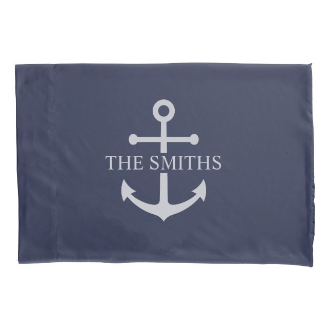 Nautical Navy Blue Anchor Personalized Family Name Pillowcase (Front)