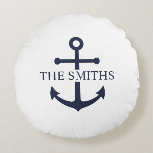 Nautical Navy Blue Anchor Personalized Family Name Round Pillow
