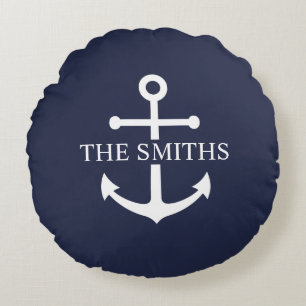 Nautical Navy Blue Anchor Personalized Family Name Round Pillow