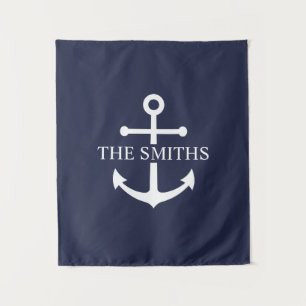 Nautical Navy Blue Anchor Personalized Family Name Tapestry
