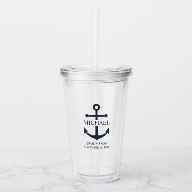Nautical Navy Blue Anchor Personalized Groomsmen Acrylic Tumbler (Front)