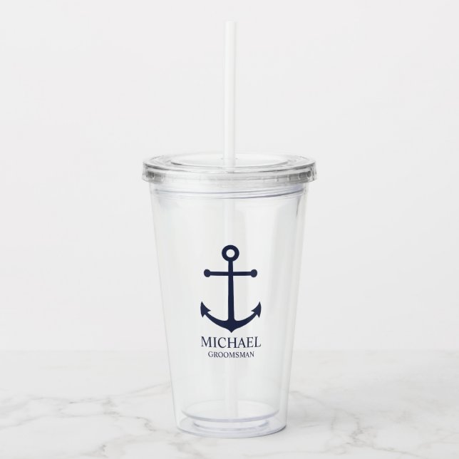 Nautical Navy Blue Anchor Personalized Groomsmen Acrylic Tumbler (Front)