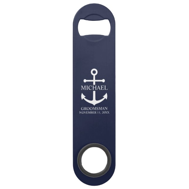 Nautical Navy Blue Anchor Personalized Groomsmen Bar Key (Front)