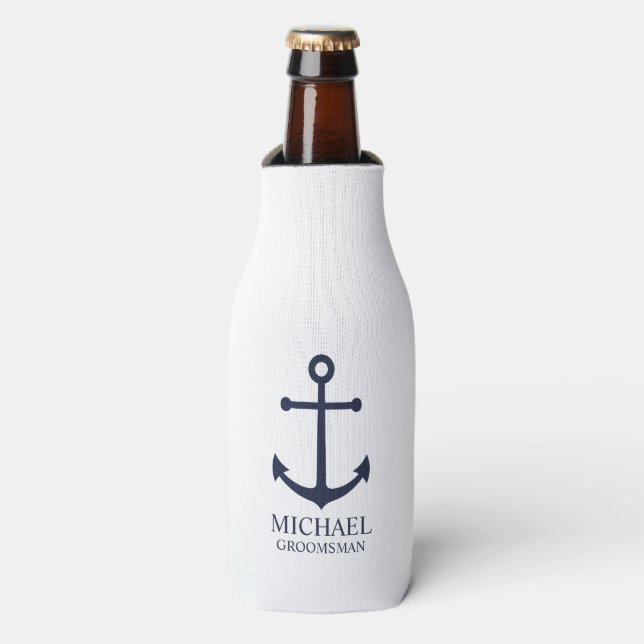 Nautical Navy Blue Anchor Personalized Groomsmen Bottle Cooler (Bottle Front)