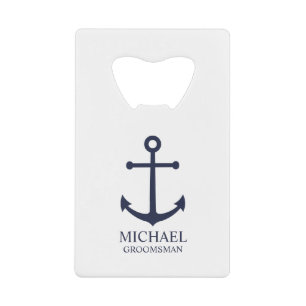 Nautical Navy Blue Anchor Personalized Groomsmen Credit Card Bottle Opener