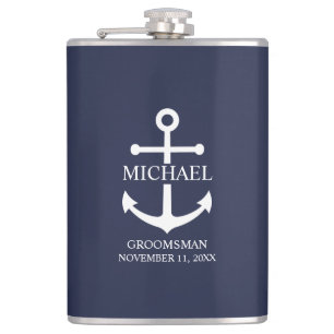 Nautical Navy Blue Anchor Personalized Groomsmen Hip Flask