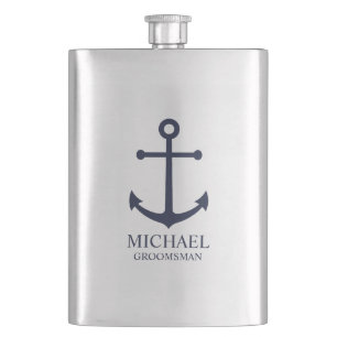 Nautical Navy Blue Anchor Personalized Groomsmen Hip Flask