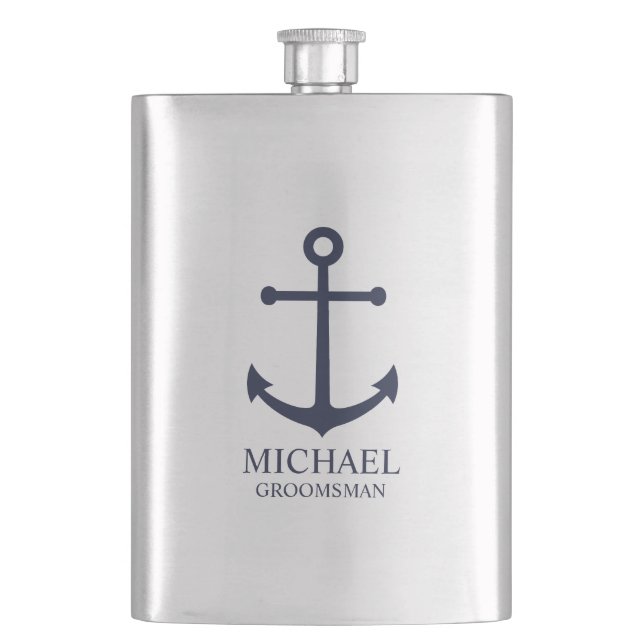 Nautical Navy Blue Anchor Personalized Groomsmen Hip Flask (Front)