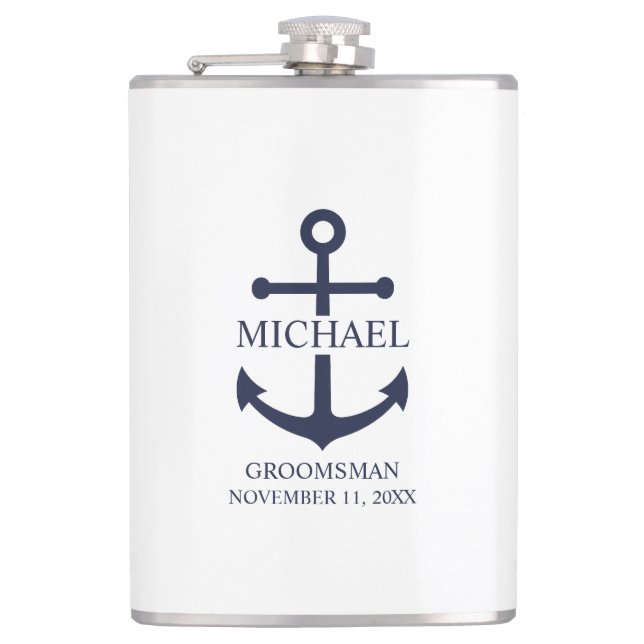 Nautical Navy Blue Anchor Personalized Groomsmen Hip Flask (Front)