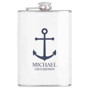 Nautical Navy Blue Anchor Personalized Groomsmen Hip Flask