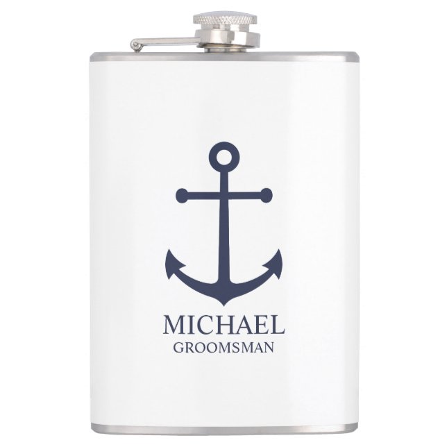 Nautical Navy Blue Anchor Personalized Groomsmen Hip Flask (Front)