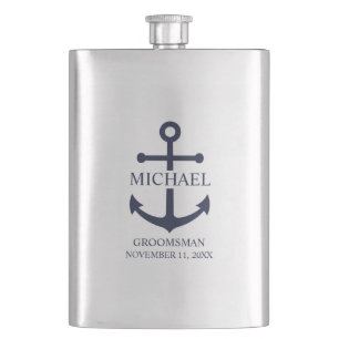 Nautical Navy Blue Anchor Personalized Groomsmen Hip Flask