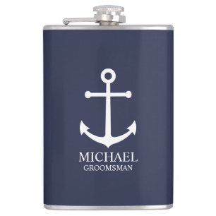 Nautical Navy Blue Anchor Personalized Groomsmen Hip Flask