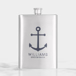 Nautical Navy Blue Anchor Personalized Groomsmen Hip Flask<br><div class="desc">Modern Minimalist Nautical Navy Blue Anchor Personalized Groomsmen Classic Flask
featuring navy blue anchor and personalized groomsman's name with title in navy blue modern sans serif font style.

Also perfect for best man,  father of the bride and more.</div>