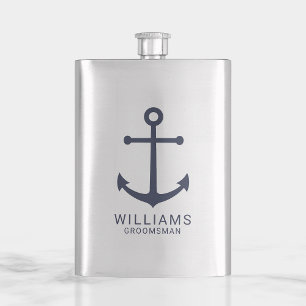 Nautical Navy Blue Anchor Personalized Groomsmen Hip Flask