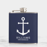 Nautical Navy Blue Anchor Personalized Groomsmen Hip Flask<br><div class="desc">Modern Minimalist Nautical Navy Blue Anchor Personalized Groomsmen Flask
featuring white anchor and personalized groomsman's name with title in white modern sans serif font style on navy blue background.

Also perfect for best man,  father of the bride and more.</div>