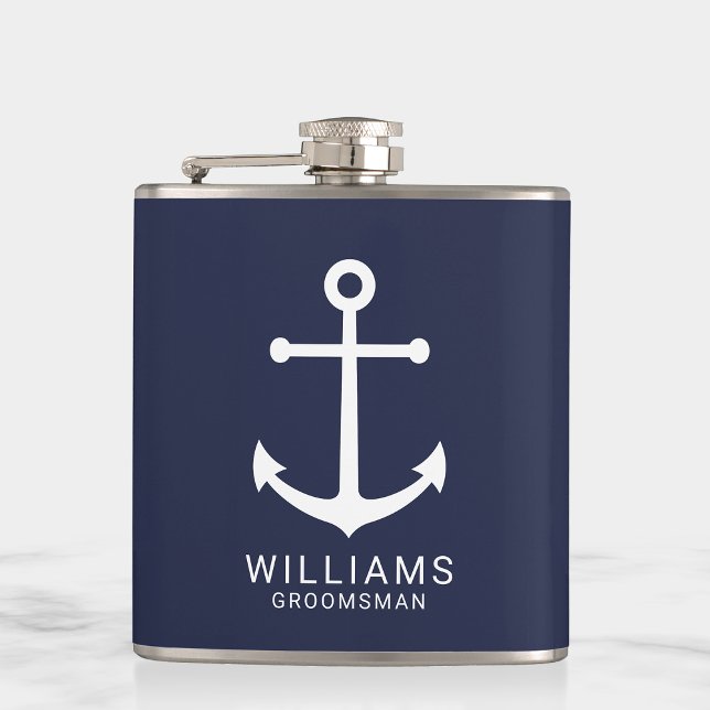 Nautical Navy Blue Anchor Personalized Groomsmen Hip Flask (Creator Uploaded)