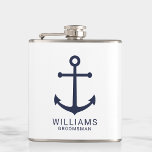 Nautical Navy Blue Anchor Personalized Groomsmen Hip Flask<br><div class="desc">Modern Minimalist Nautical Navy Blue Anchor Personalized Groomsmen Flask
featuring navy blue anchor and personalized groomsman's name with title in navy blue modern sans serif font style on white background.

Also perfect for best man,  father of the bride and more.</div>