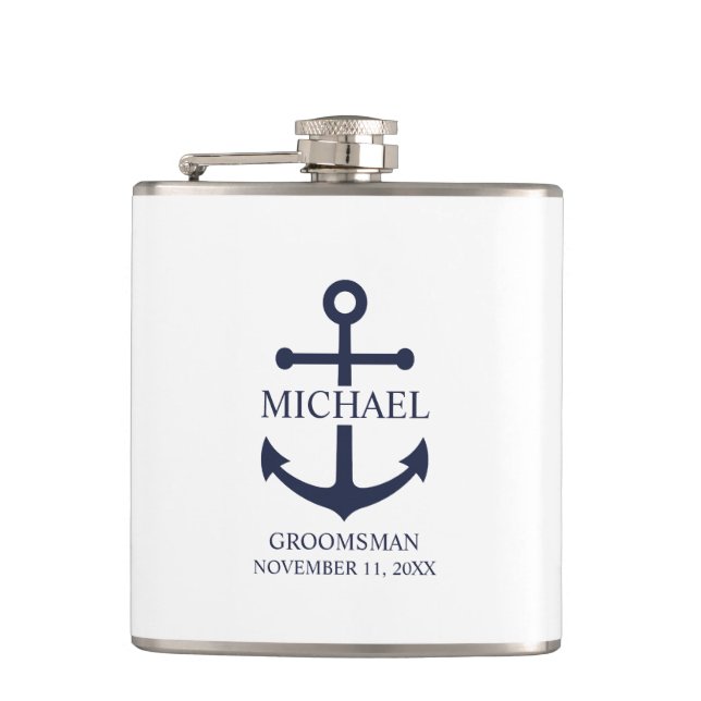 Nautical Navy Blue Anchor Personalized Groomsmen Hip Flask (Front)
