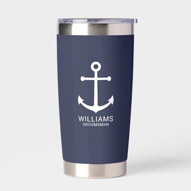 Nautical Navy Blue Anchor Personalized Groomsmen Insulated Tumbler (Left)