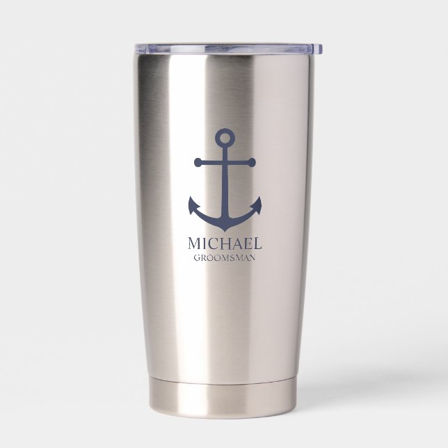 Nautical Navy Blue Anchor Personalized Groomsmen Insulated Tumbler (Left)