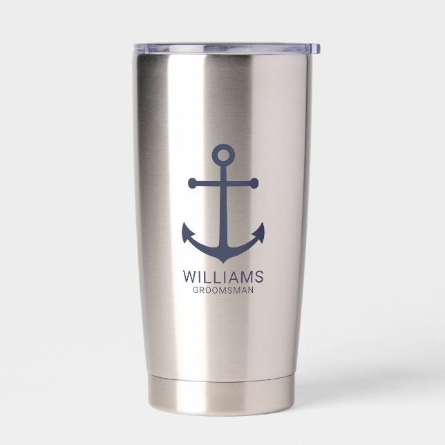 Nautical Navy Blue Anchor Personalized Groomsmen Insulated Tumbler (Left)
