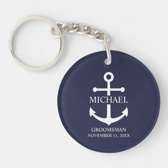 Nautical Navy Blue Anchor Personalized Groomsmen Keychain (Front)