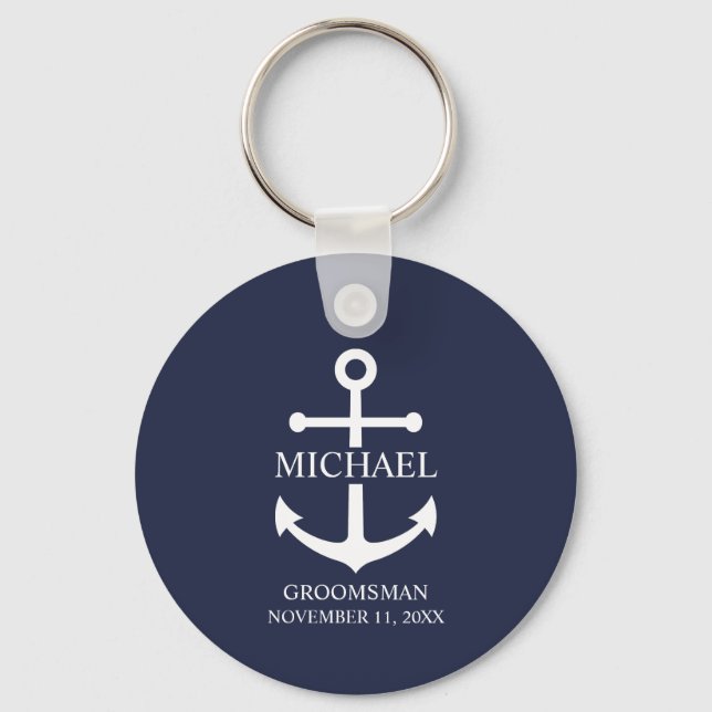 Nautical Navy Blue Anchor Personalized Groomsmen Keychain (Front)