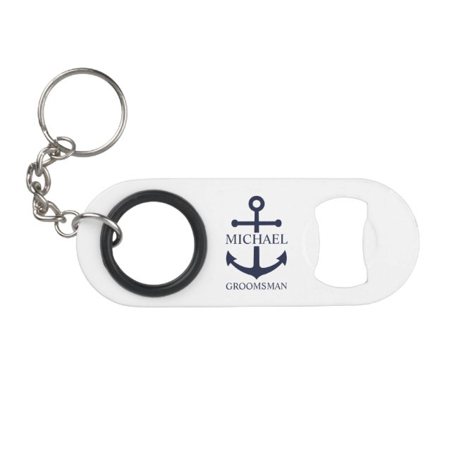 Nautical Navy Blue Anchor Personalized Groomsmen Keychain Bottle Opener (Front (Horizontal))
