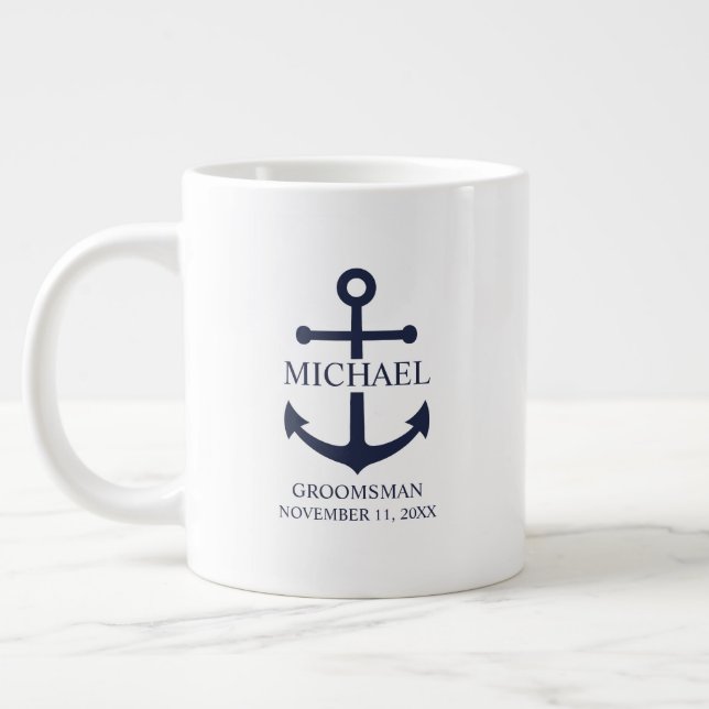 Nautical Navy Blue Anchor Personalized Groomsmen Large Coffee Mug (Left)