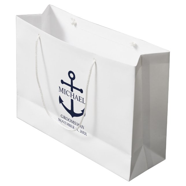 Nautical Navy Blue Anchor Personalized Groomsmen Large Gift Bag (Front Angled)
