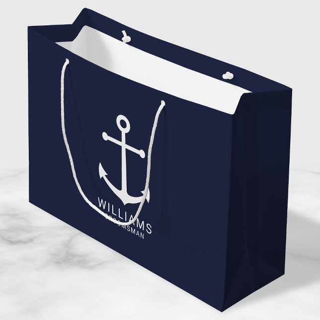 Nautical Navy Blue Anchor Personalized Groomsmen Large Gift Bag (Creator Uploaded)