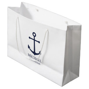 Nautical Navy Blue Anchor Personalized Groomsmen Large Gift Bag