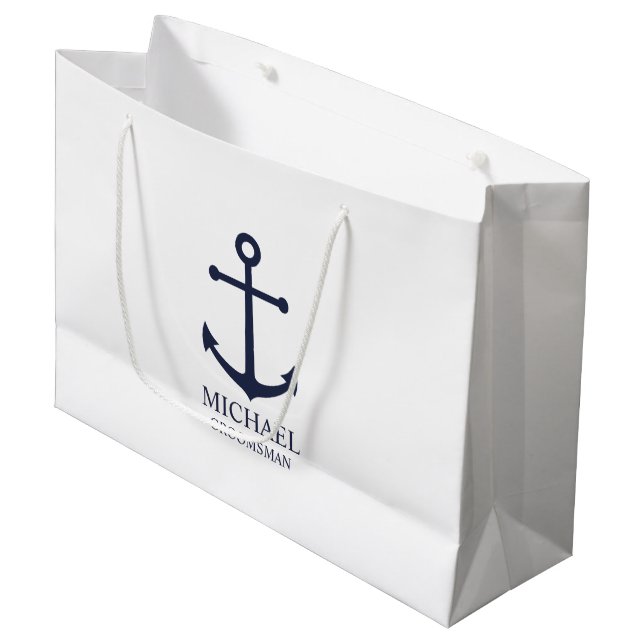 Nautical Navy Blue Anchor Personalized Groomsmen Large Gift Bag (Front Angled)